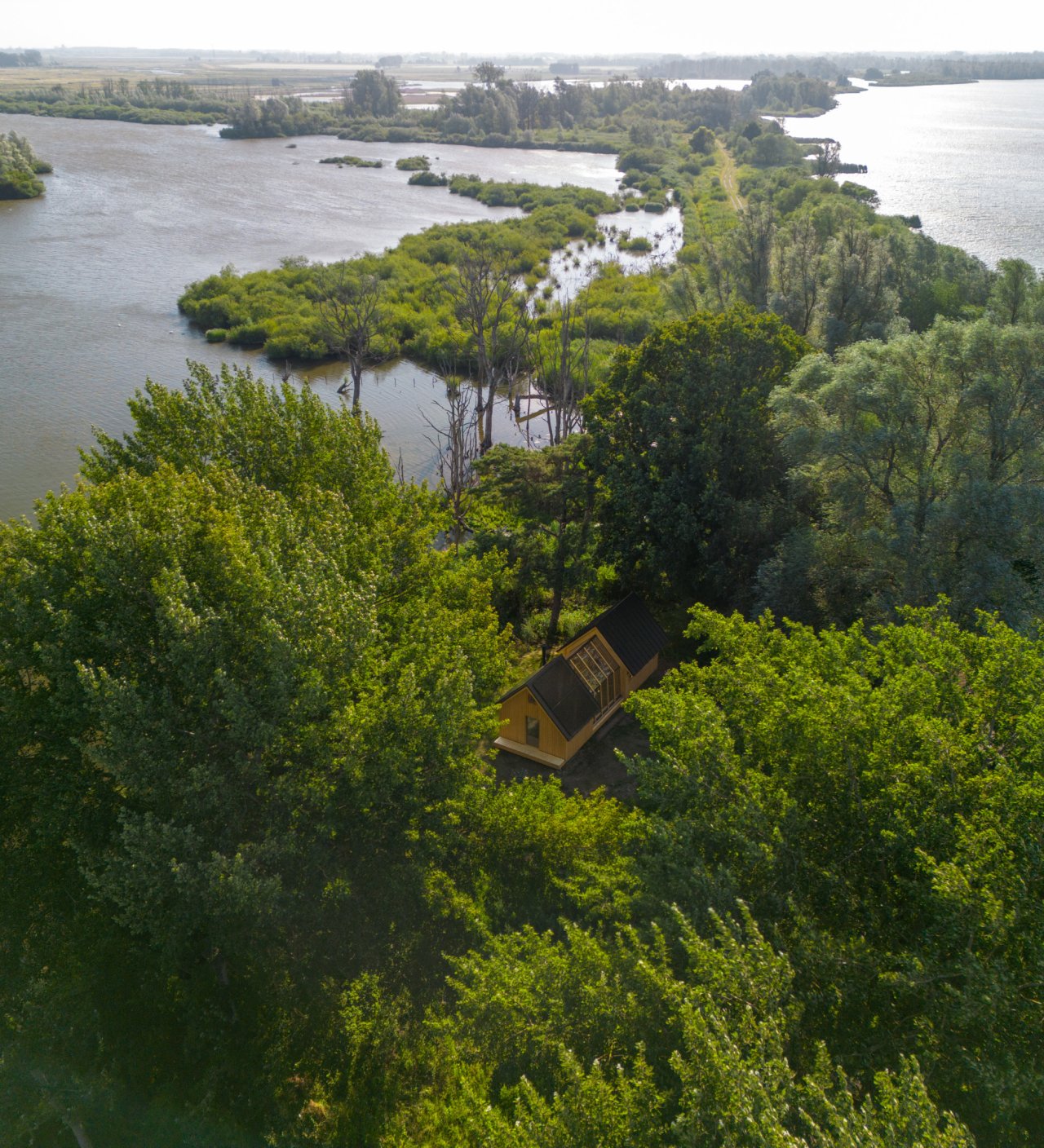 Aerial view of Cabin ANNA nestled among dense trees on a small wooded peninsula surrounded by water and wetlands.