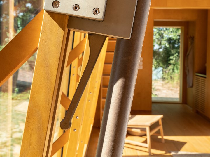 Close-up of the hand-operated mechanism used to move Cabin ANNA’s sliding shells