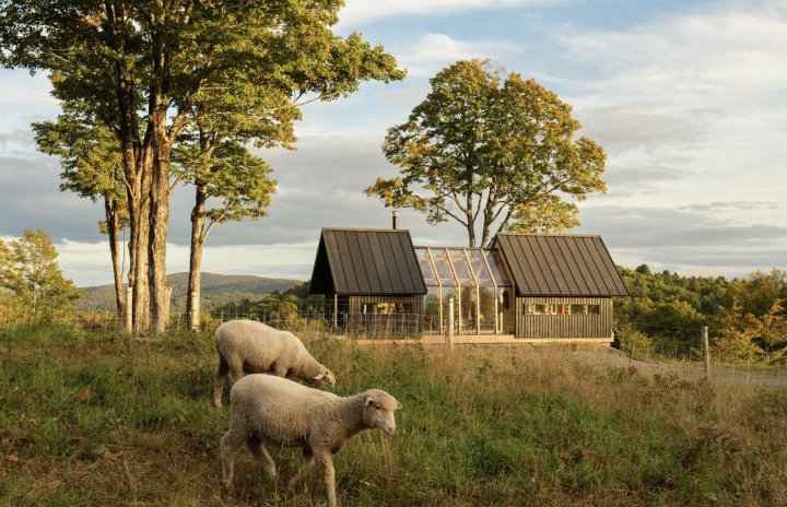 Cabin ANNA on a Vermont sheep farm surrounded by trees and rolling hills