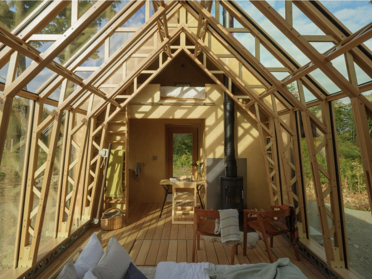 Interior of Cabin ANNA with its glass shell open to the landscape